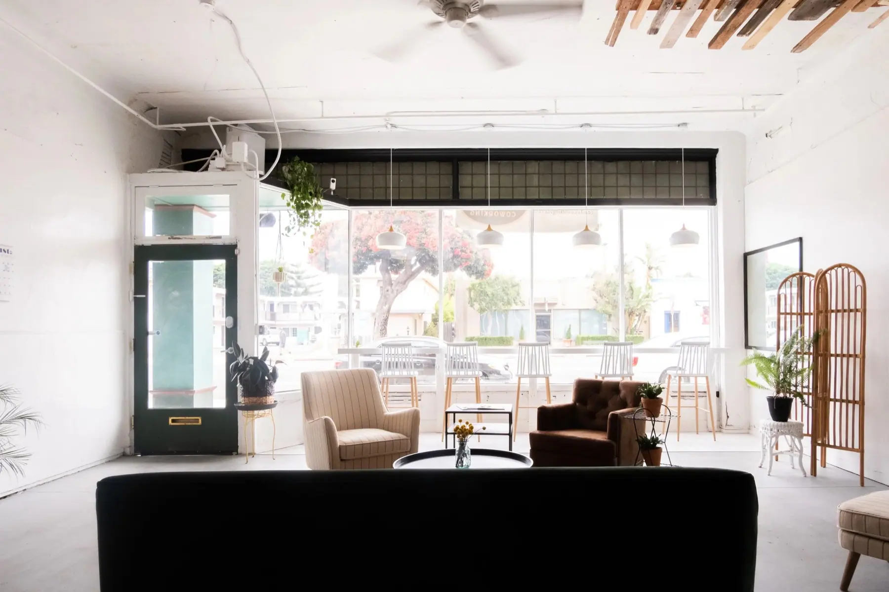 The bright front room at Coastal Coworking, with window-counter seating and plants